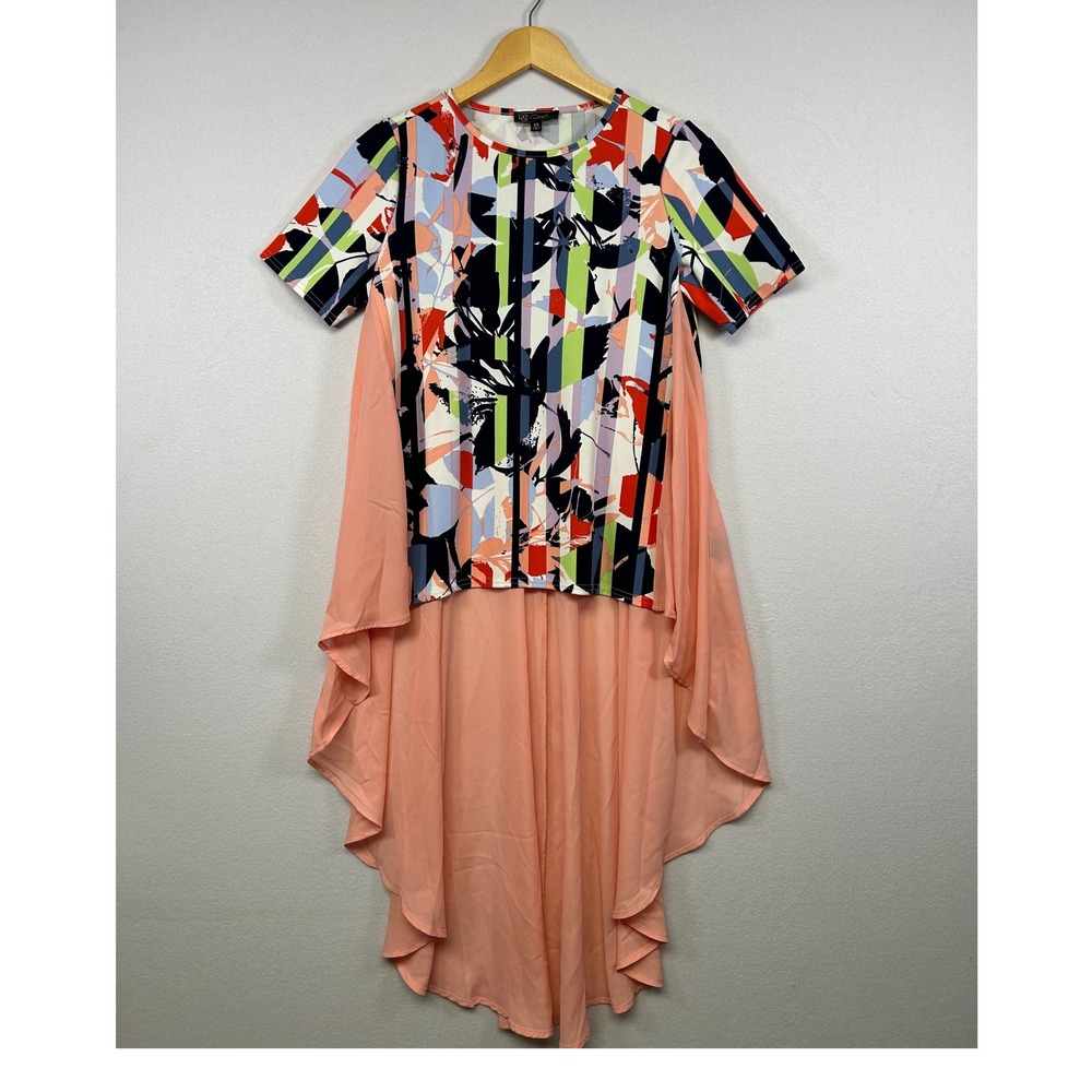 Art to Wear DG2 Diane Gilman Women XS Peach Abstract‎ High Low Chiffon Tunic Top